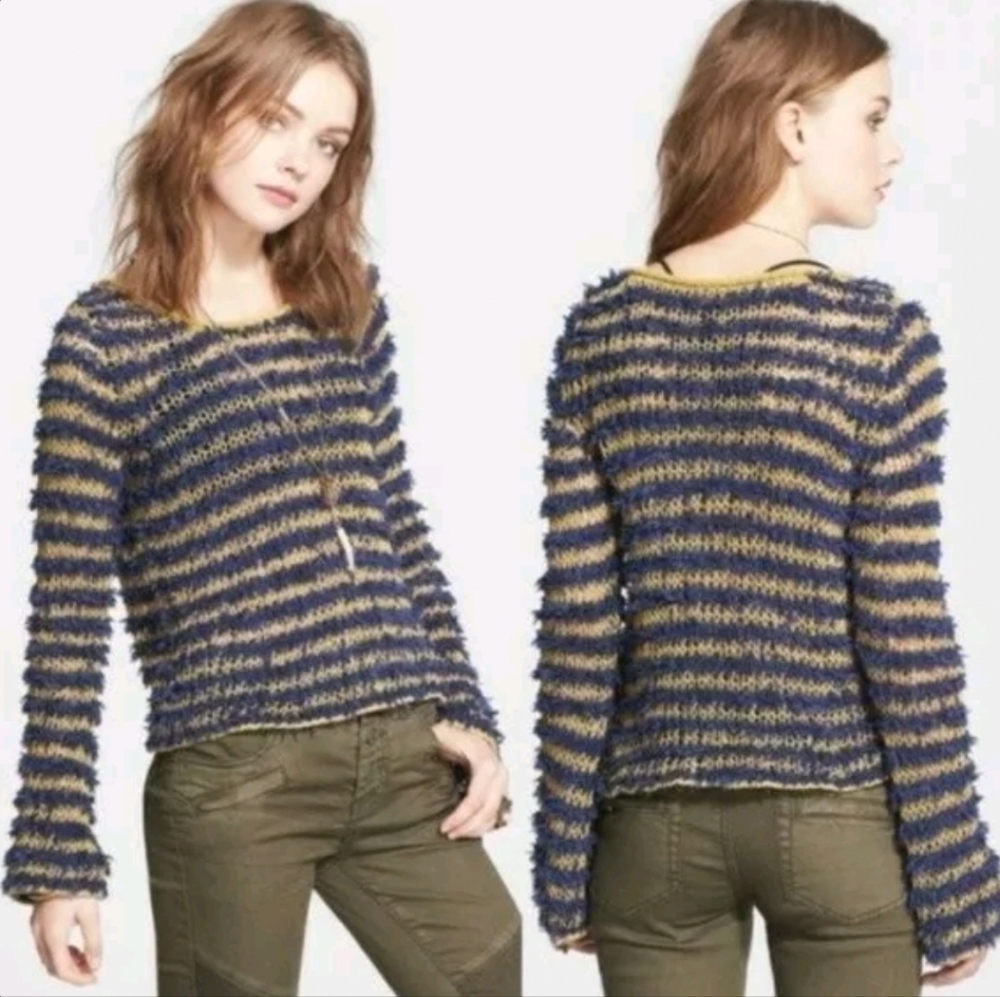 Free People Downy Striped Fuzzy Bell Sleeve Knit Sweater